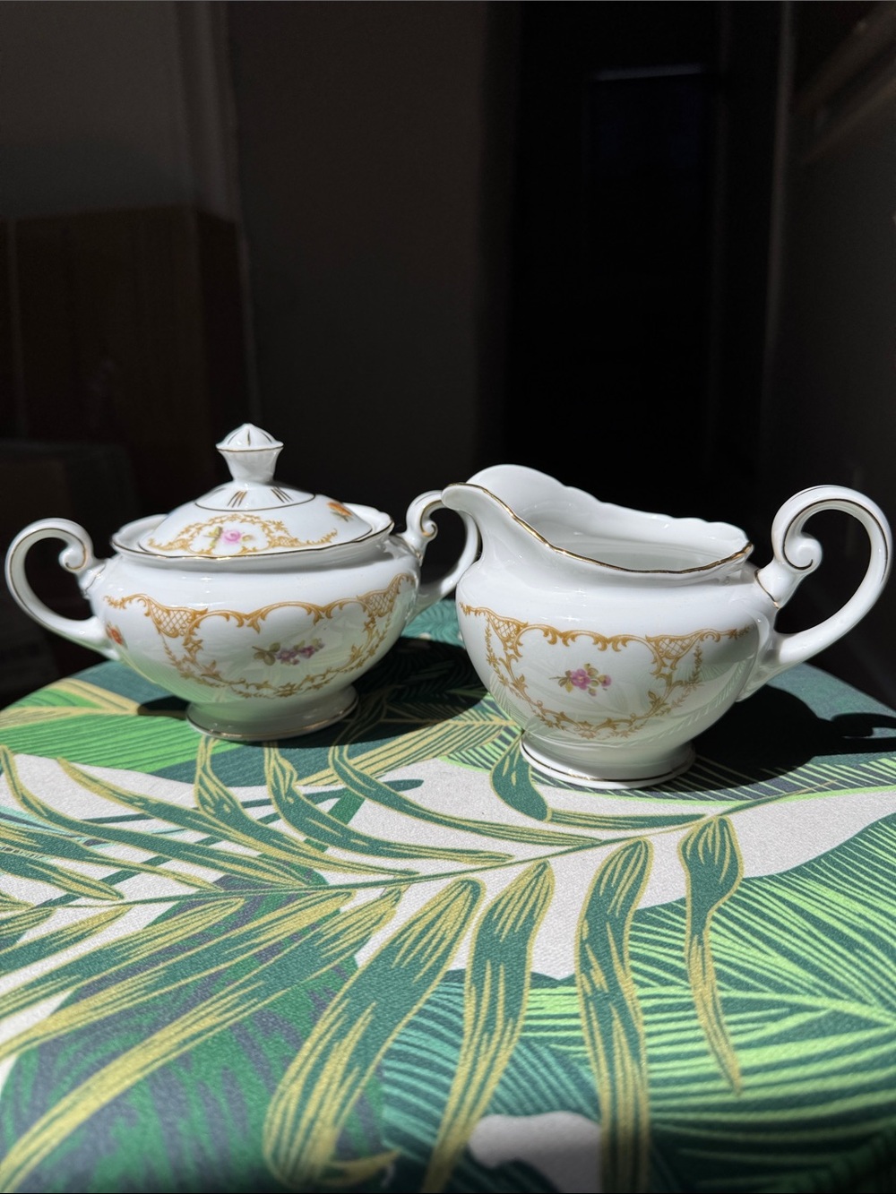 TK Thun Czechoslovakia Porcelain Gold-Trim Floral Creamer & Sugar Bowl Set